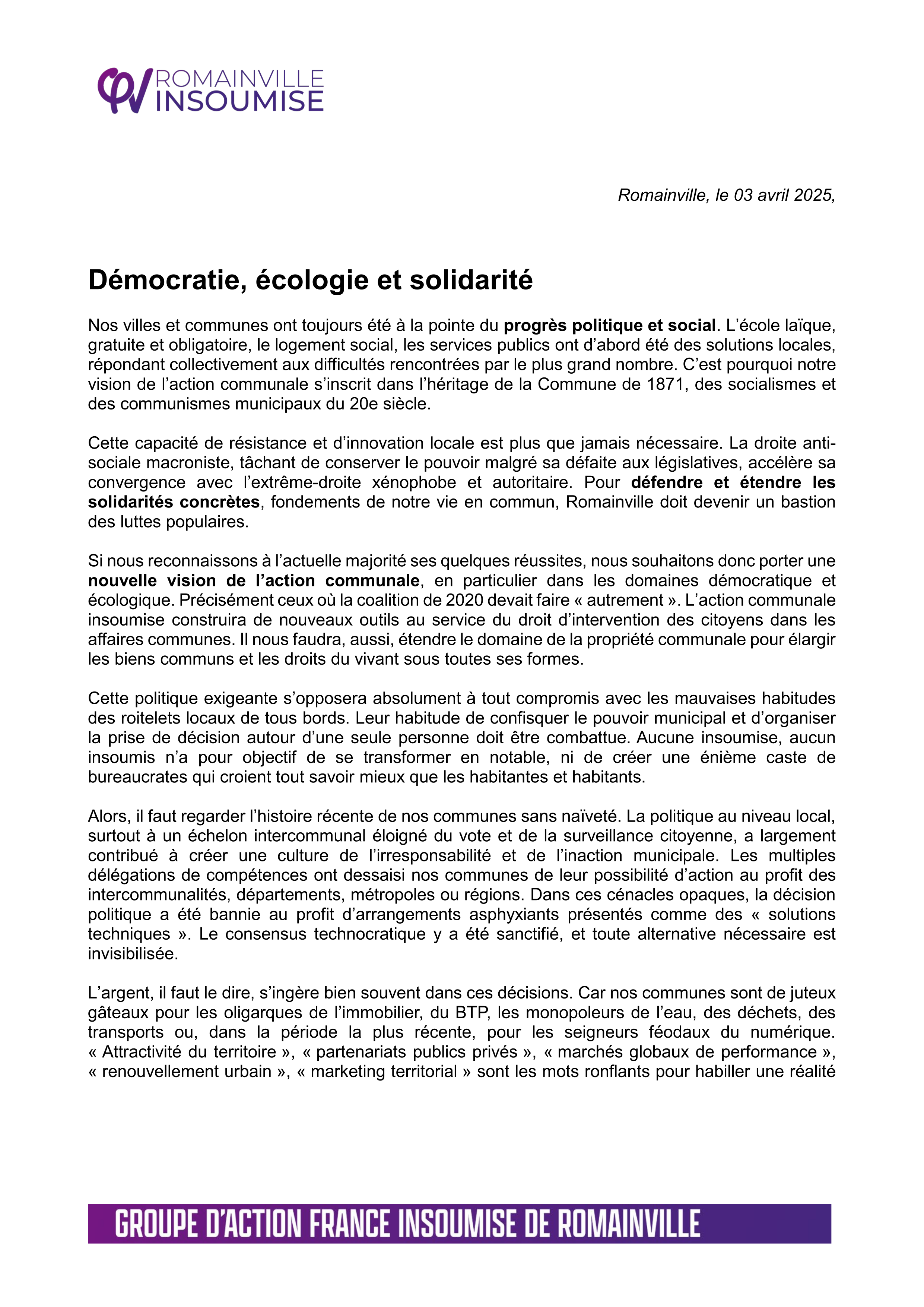 Politique générale Romainville Insoumise