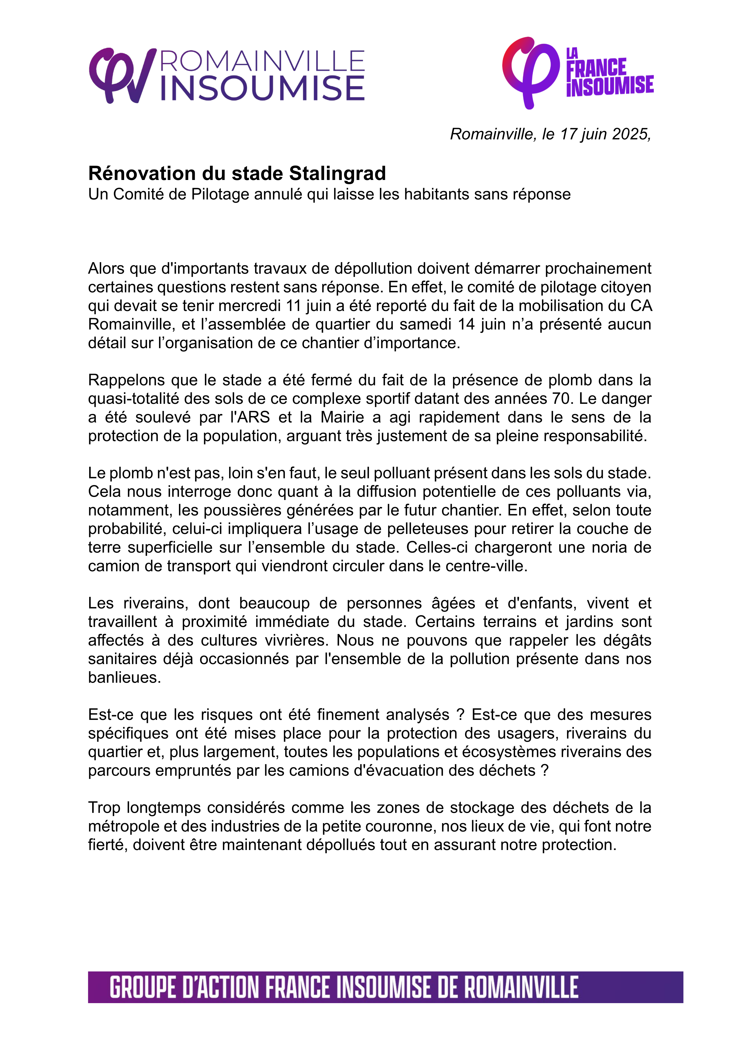 Stade Stalingrad COPIL annulé habitants sans reponse